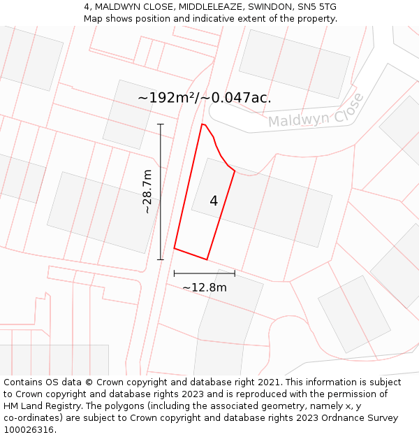 4, MALDWYN CLOSE, MIDDLELEAZE, SWINDON, SN5 5TG: Plot and title map