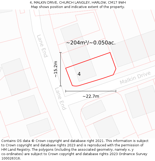 4, MALKIN DRIVE, CHURCH LANGLEY, HARLOW, CM17 9WH: Plot and title map