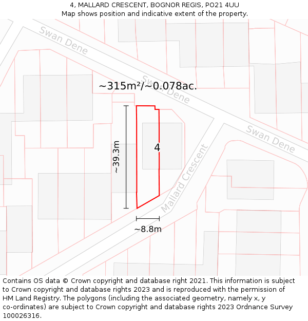 4, MALLARD CRESCENT, BOGNOR REGIS, PO21 4UU: Plot and title map