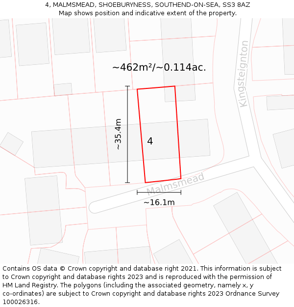 4, MALMSMEAD, SHOEBURYNESS, SOUTHEND-ON-SEA, SS3 8AZ: Plot and title map