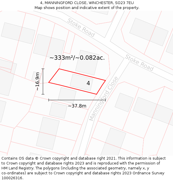 4, MANNINGFORD CLOSE, WINCHESTER, SO23 7EU: Plot and title map