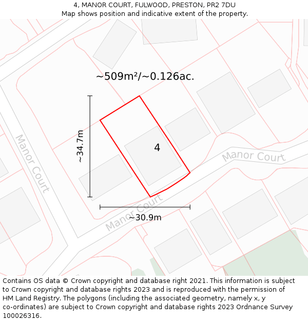 4, MANOR COURT, FULWOOD, PRESTON, PR2 7DU: Plot and title map