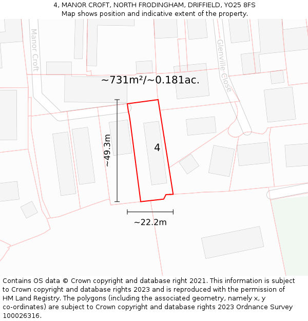 4, MANOR CROFT, NORTH FRODINGHAM, DRIFFIELD, YO25 8FS: Plot and title map