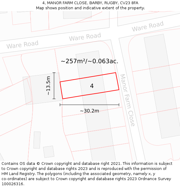 4, MANOR FARM CLOSE, BARBY, RUGBY, CV23 8FA: Plot and title map