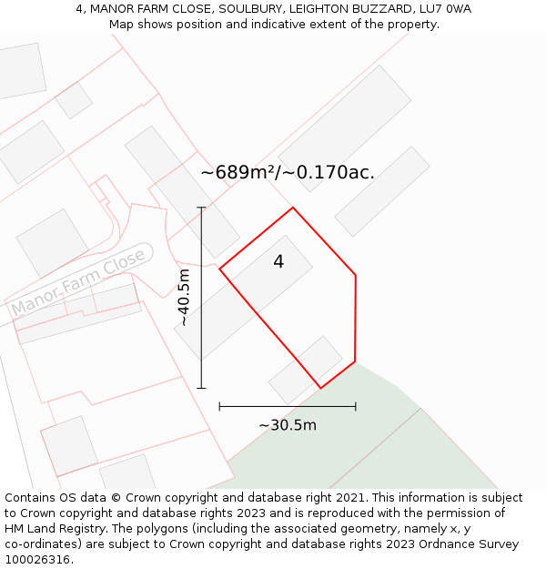 4, MANOR FARM CLOSE, SOULBURY, LEIGHTON BUZZARD, LU7 0WA: Plot and title map