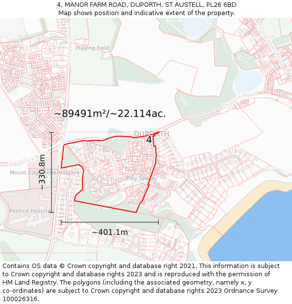 4, MANOR FARM ROAD, DUPORTH, ST AUSTELL, PL26 6BD: Plot and title map