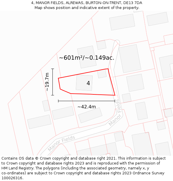 4, MANOR FIELDS, ALREWAS, BURTON-ON-TRENT, DE13 7DA: Plot and title map