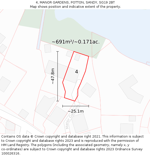 4, MANOR GARDENS, POTTON, SANDY, SG19 2BT: Plot and title map