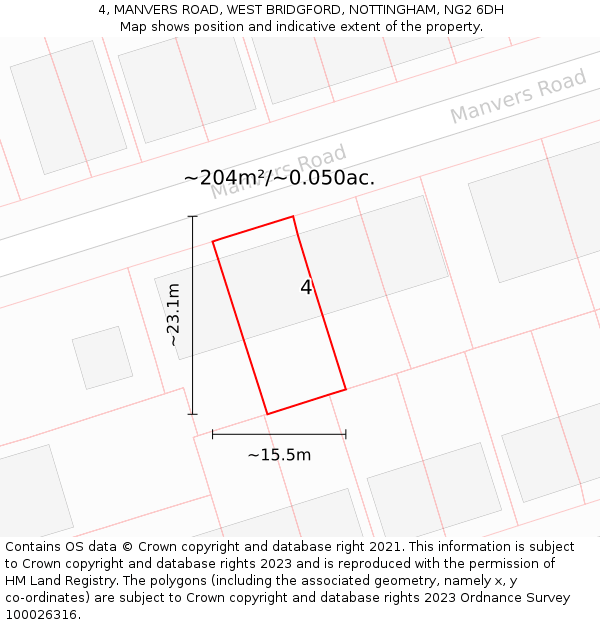 4, MANVERS ROAD, WEST BRIDGFORD, NOTTINGHAM, NG2 6DH: Plot and title map