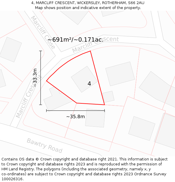 4, MARCLIFF CRESCENT, WICKERSLEY, ROTHERHAM, S66 2AU: Plot and title map