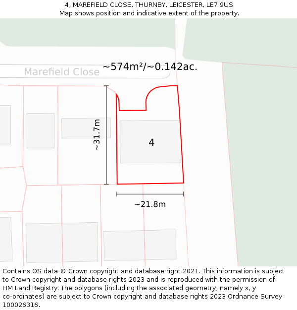 4, MAREFIELD CLOSE, THURNBY, LEICESTER, LE7 9US: Plot and title map