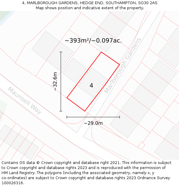 4, MARLBOROUGH GARDENS, HEDGE END, SOUTHAMPTON, SO30 2AS: Plot and title map