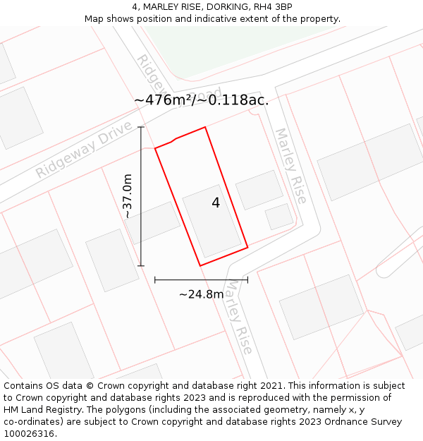 4, MARLEY RISE, DORKING, RH4 3BP: Plot and title map