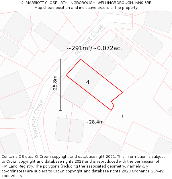 4, MARRIOTT CLOSE, IRTHLINGBOROUGH, WELLINGBOROUGH, NN9 5RB: Plot and title map