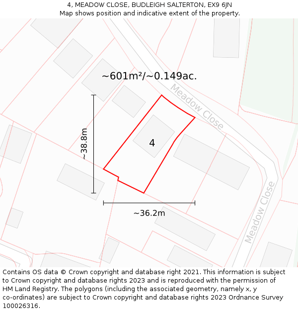 4, MEADOW CLOSE, BUDLEIGH SALTERTON, EX9 6JN: Plot and title map