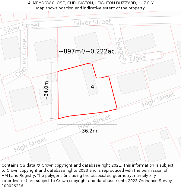 4, MEADOW CLOSE, CUBLINGTON, LEIGHTON BUZZARD, LU7 0LY: Plot and title map