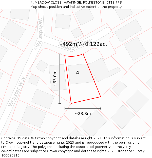 4, MEADOW CLOSE, HAWKINGE, FOLKESTONE, CT18 7PS: Plot and title map