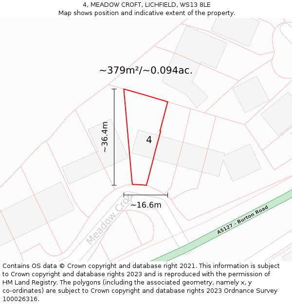 4, MEADOW CROFT, LICHFIELD, WS13 8LE: Plot and title map