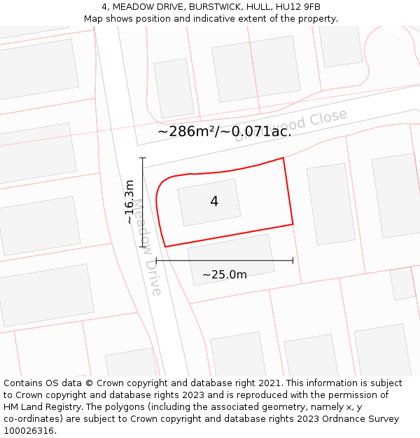 4, MEADOW DRIVE, BURSTWICK, HULL, HU12 9FB: Plot and title map