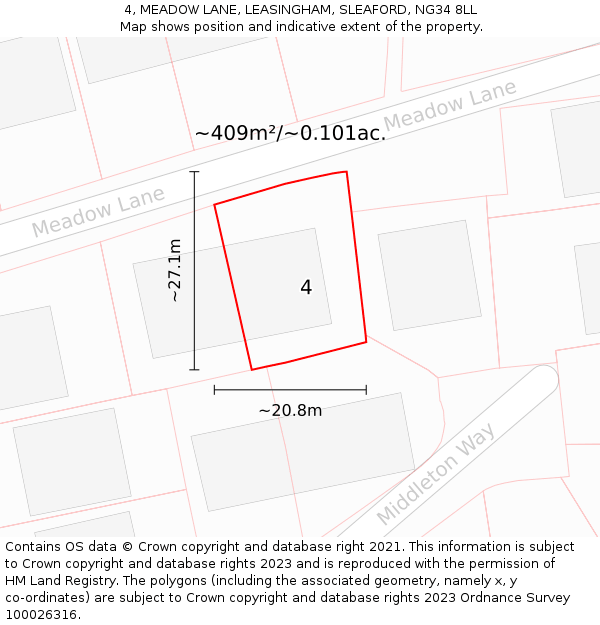 4, MEADOW LANE, LEASINGHAM, SLEAFORD, NG34 8LL: Plot and title map