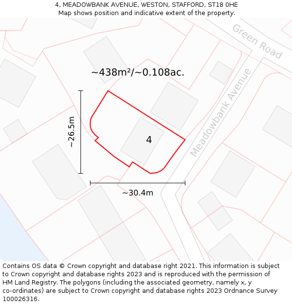 4, MEADOWBANK AVENUE, WESTON, STAFFORD, ST18 0HE: Plot and title map