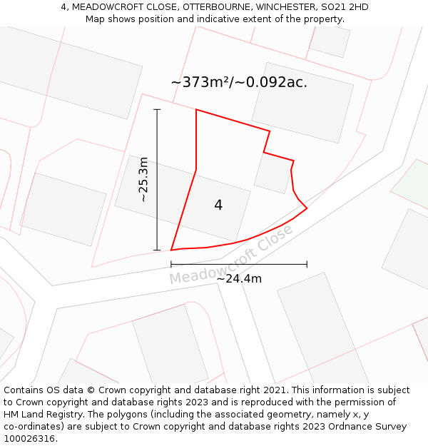 4, MEADOWCROFT CLOSE, OTTERBOURNE, WINCHESTER, SO21 2HD: Plot and title map