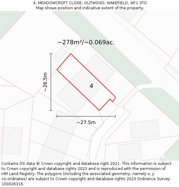 4, MEADOWCROFT CLOSE, OUTWOOD, WAKEFIELD, WF1 3TG: Plot and title map