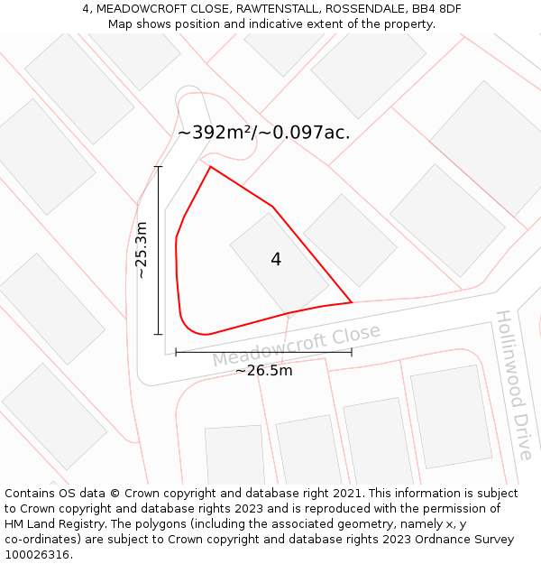 4, MEADOWCROFT CLOSE, RAWTENSTALL, ROSSENDALE, BB4 8DF: Plot and title map