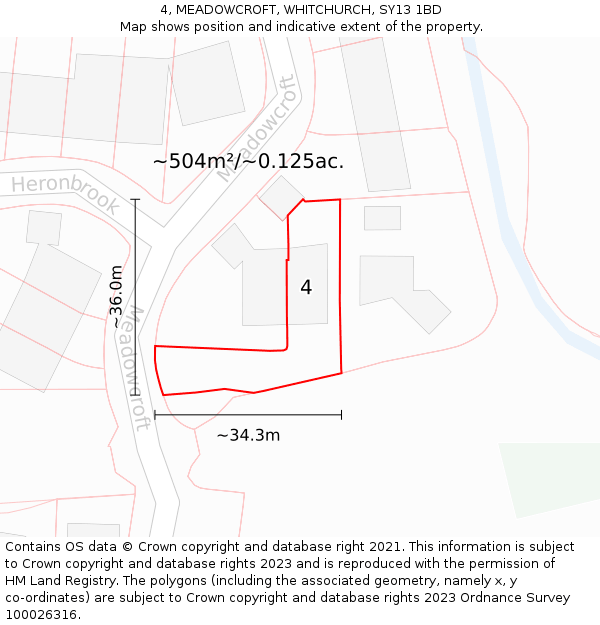 4, MEADOWCROFT, WHITCHURCH, SY13 1BD: Plot and title map