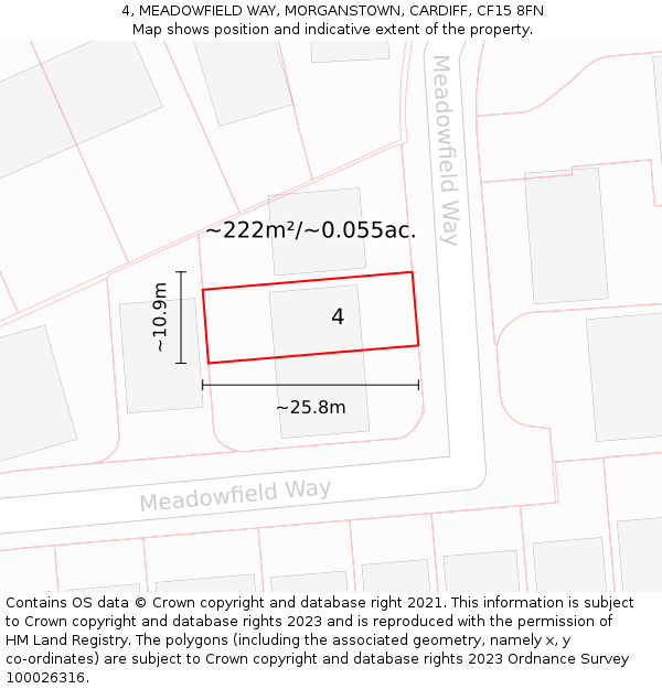 4, MEADOWFIELD WAY, MORGANSTOWN, CARDIFF, CF15 8FN: Plot and title map