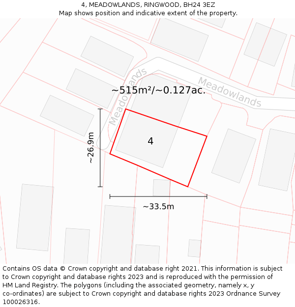 4, MEADOWLANDS, RINGWOOD, BH24 3EZ: Plot and title map