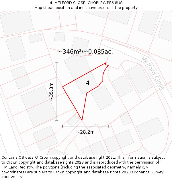 4, MELFORD CLOSE, CHORLEY, PR6 8US: Plot and title map