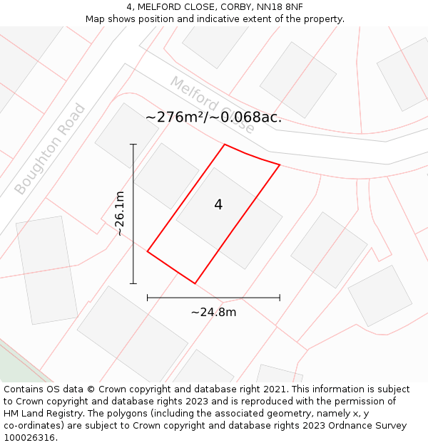 4, MELFORD CLOSE, CORBY, NN18 8NF: Plot and title map