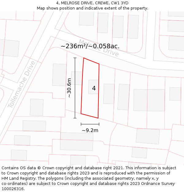 4, MELROSE DRIVE, CREWE, CW1 3YD: Plot and title map