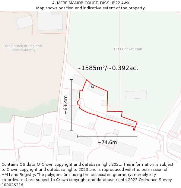 4, MERE MANOR COURT, DISS, IP22 4WX: Plot and title map