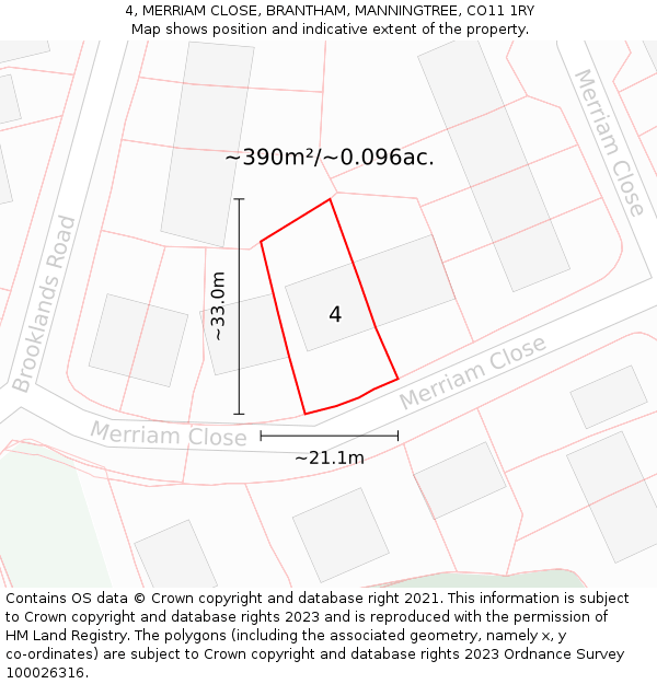 4, MERRIAM CLOSE, BRANTHAM, MANNINGTREE, CO11 1RY: Plot and title map