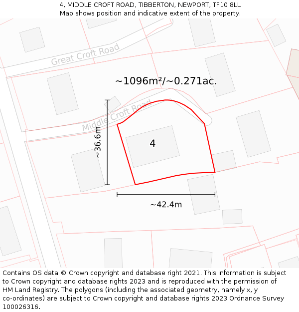 4, MIDDLE CROFT ROAD, TIBBERTON, NEWPORT, TF10 8LL: Plot and title map