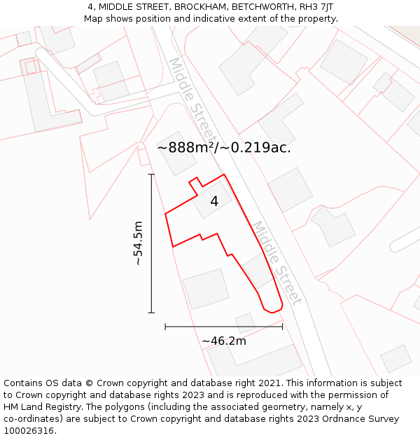 4, MIDDLE STREET, BROCKHAM, BETCHWORTH, RH3 7JT: Plot and title map