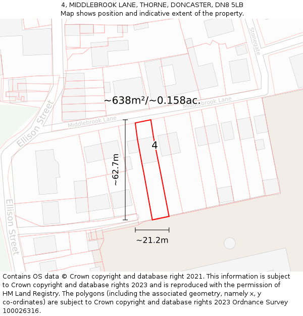 4, MIDDLEBROOK LANE, THORNE, DONCASTER, DN8 5LB: Plot and title map