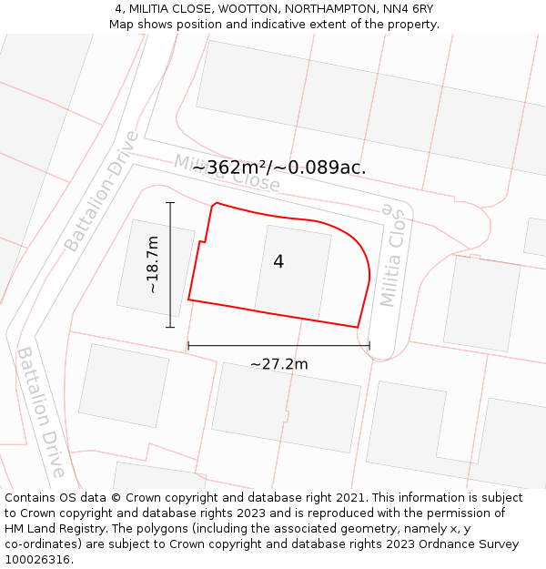 4, MILITIA CLOSE, WOOTTON, NORTHAMPTON, NN4 6RY: Plot and title map