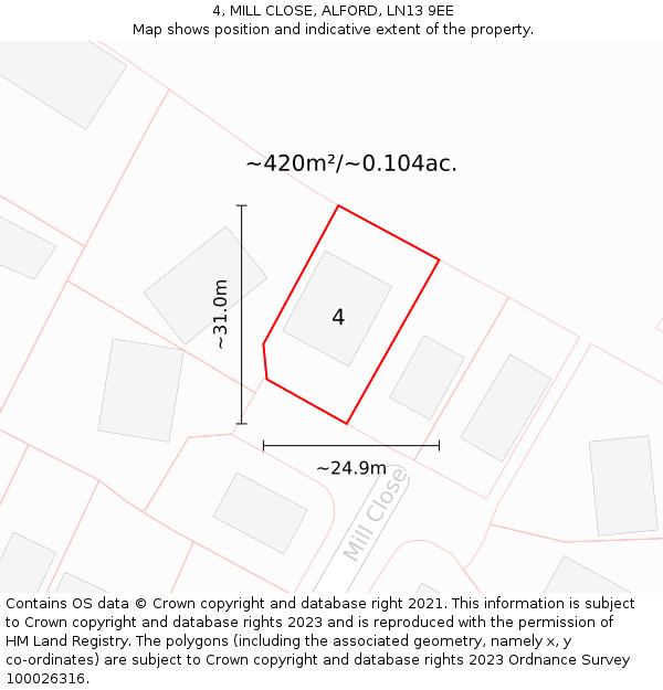 4, MILL CLOSE, ALFORD, LN13 9EE: Plot and title map