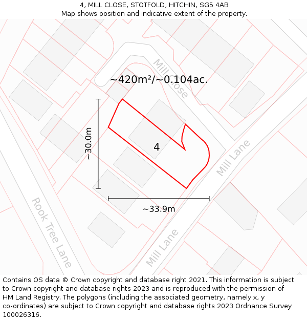 4, MILL CLOSE, STOTFOLD, HITCHIN, SG5 4AB: Plot and title map