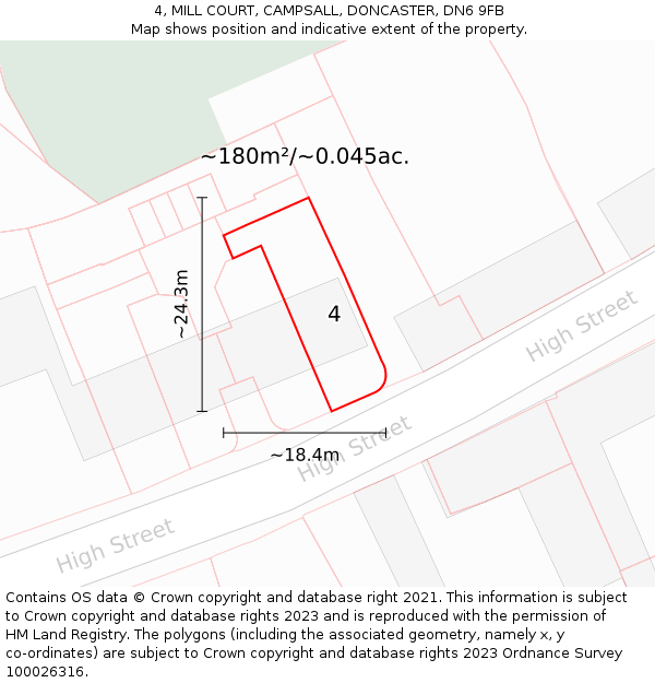 4, MILL COURT, CAMPSALL, DONCASTER, DN6 9FB: Plot and title map