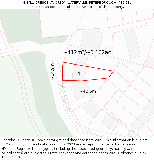 4, MILL CRESCENT, ORTON WATERVILLE, PETERBOROUGH, PE2 5EL: Plot and title map