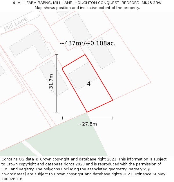 4, MILL FARM BARNS, MILL LANE, HOUGHTON CONQUEST, BEDFORD, MK45 3BW: Plot and title map
