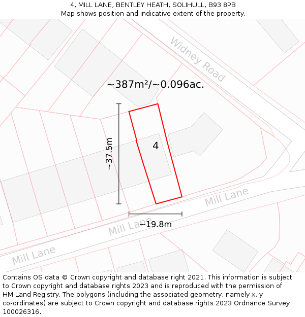 4, MILL LANE, BENTLEY HEATH, SOLIHULL, B93 8PB: Plot and title map