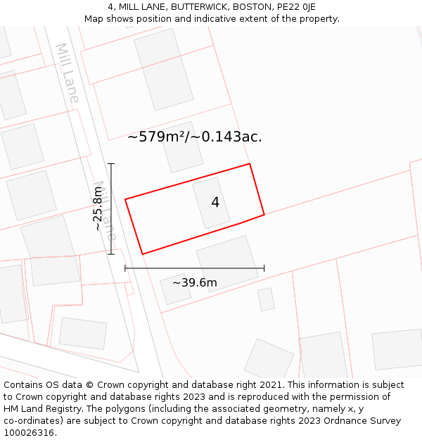 4, MILL LANE, BUTTERWICK, BOSTON, PE22 0JE: Plot and title map