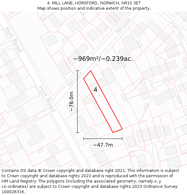 4, MILL LANE, HORSFORD, NORWICH, NR10 3ET: Plot and title map