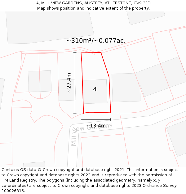 4, MILL VIEW GARDENS, AUSTREY, ATHERSTONE, CV9 3FD: Plot and title map