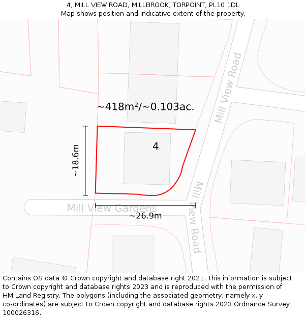 4, MILL VIEW ROAD, MILLBROOK, TORPOINT, PL10 1DL: Plot and title map